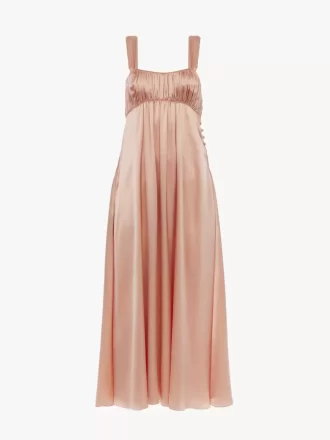 Ärmelloses, gerüschtes langes Kleid aus Seidensatin