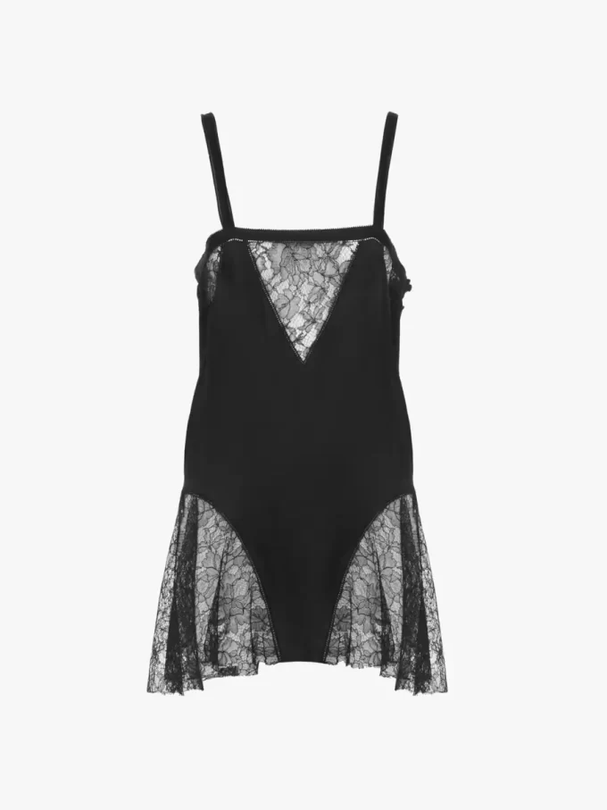 Ärmelloses Minikleid aus Seidencharmeuse und Spitze Ärmelloses Minikleid aus Seidencharmeuse und Spitze