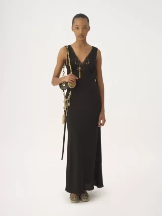 Ärmelloses Säulenkleid aus Seidenjacquard und Spitze