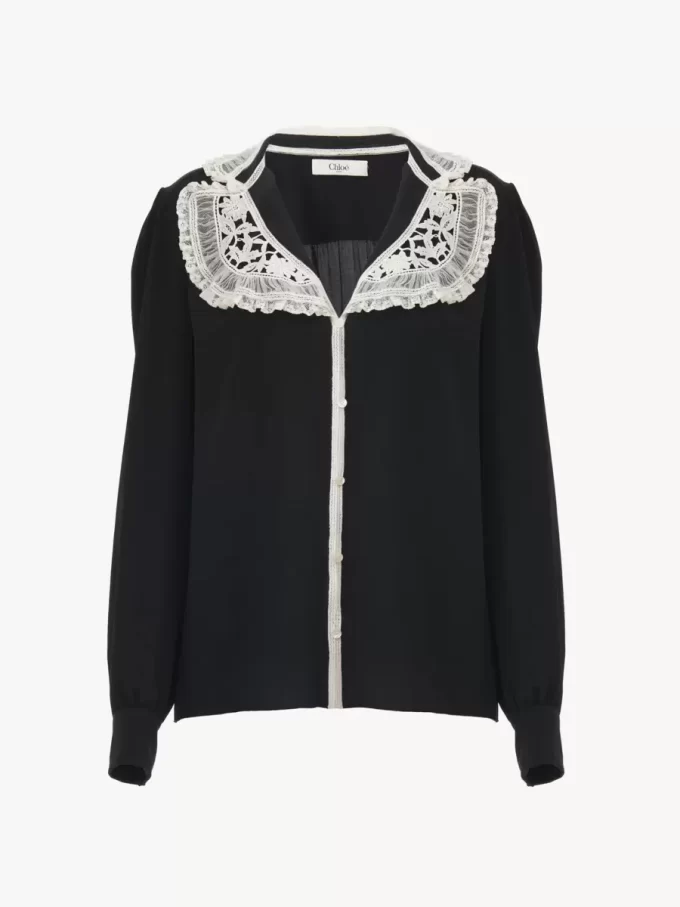 Rüschenbluse aus Crêpe de Chine und Spitze Rüschenbluse aus Crêpe de Chine und Spitze
