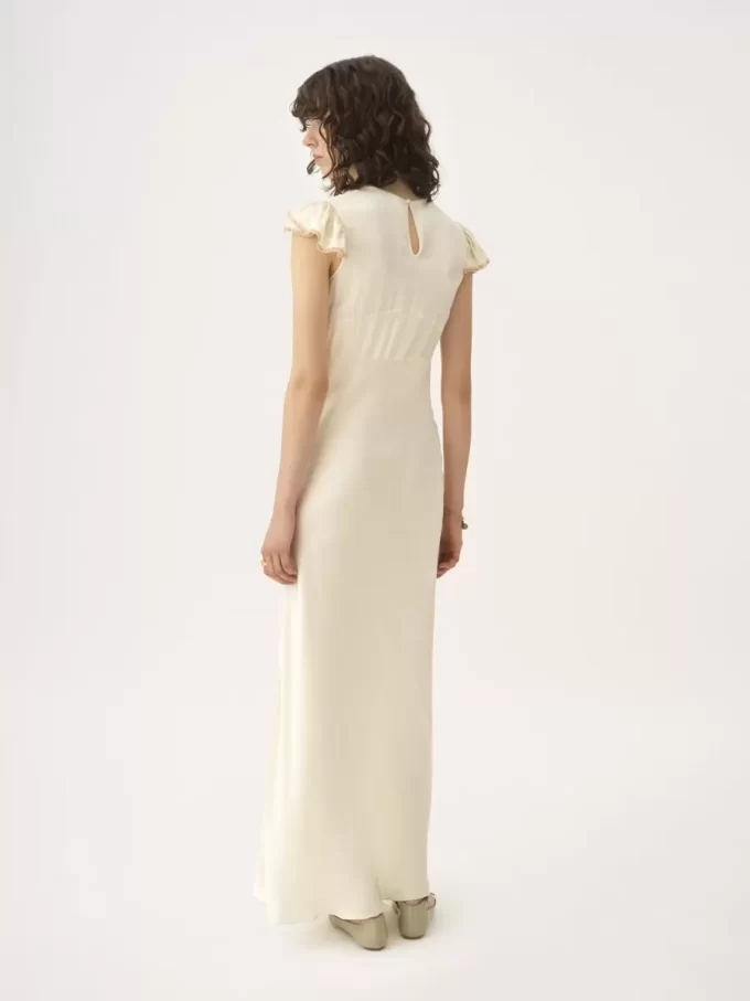 Säulenkleid mit Flügelärmeln aus gewaschenem Seidensatin und Spitze Säulenkleid mit Flügelärmeln aus gewaschenem Seidensatin und Spitze